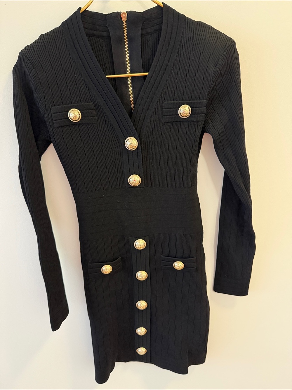 Black Textured Knit Long Sleeve Mini Dress with Gold Tone Buttons. Size Small.
